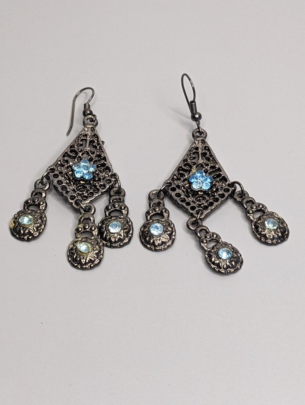 Vintage Heavy Filigree Chandelier Earrings Blue Glass Stones Boho Statement